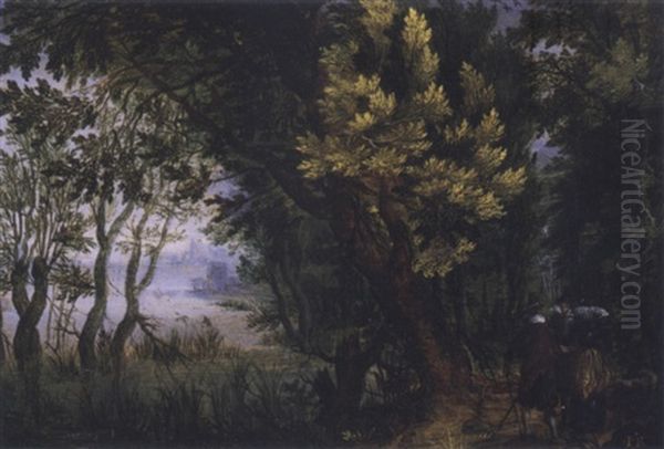 Wooded Landscape With Figures Oil Painting by Gillis van Coninxloo