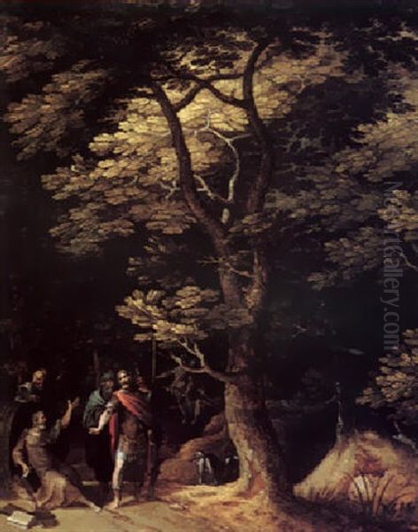 A Wooded Landscape With Alexander The Great Before Diogenes Oil Painting by Gillis van Coninxloo