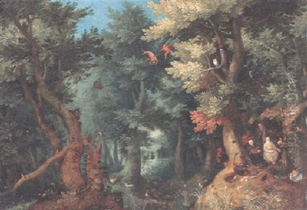 Wooded Landscape With Ss. Paul The Hermit And Anthony The Great Being Tempted By Demons Oil Painting by Gillis van Coninxloo