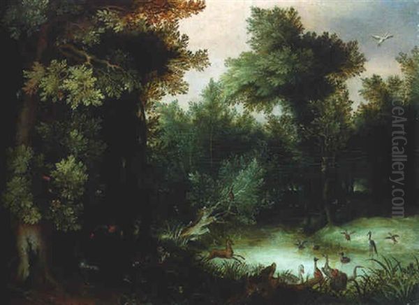 A Stag Hunt At A Pool In A Forest Oil Painting by Gillis van Coninxloo