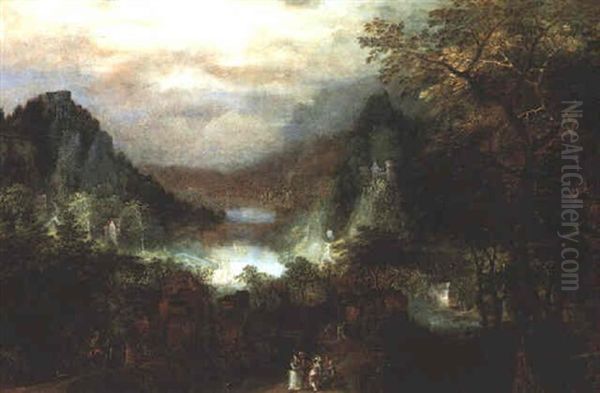 An Extensive Mountainous River Landscape With Elegant Figures On A Woodland Path Before A Hamlet Oil Painting by Gillis van Coninxloo