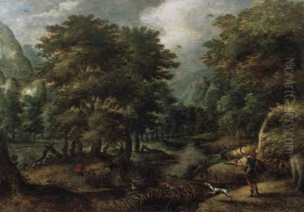 Waldlandschaft Mit Hirschjagd Oil Painting by Gillis van Coninxloo