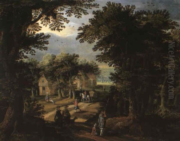 A Sportsman And An Elegant Couple On A Wooded Track Near A Village Oil Painting by Gillis van Coninxloo
