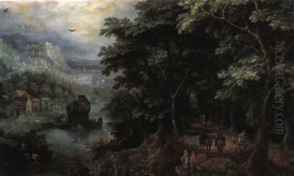 A Landscape With A Huntsman And Other Figures In An Avenue, A River Valley With A Castle And A Hamlet And Mountains Oil Painting by Gillis van Coninxloo