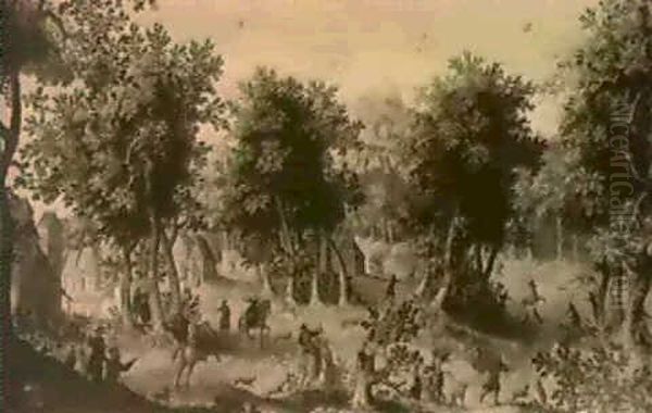 A Stag Hunt Passing Through A Wooded Village Oil Painting by Gillis van Coninxloo