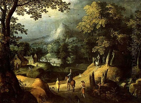 Extensive Wooded Landscape With Hunters And A Village       Beyond Oil Painting by Gillis van Coninxloo