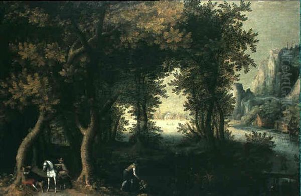 Extensive River Landscape With Hunters And A Village In The Distance Oil Painting by Gillis van Coninxloo