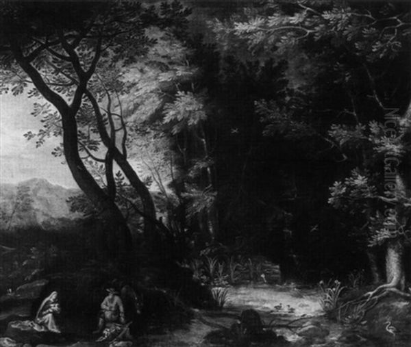 The Rest On The Flight Into Egypt In A Wooded Landscape Oil Painting by Gillis van Coninxloo