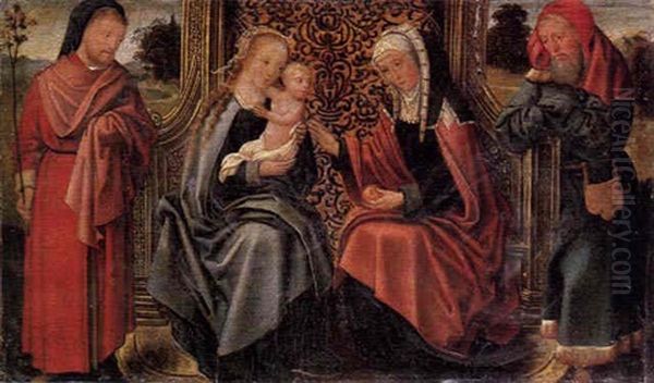 The Madonna And Child Enthroned With Saint Anne Accompanied By Saint Joseph And Another Male Saint Oil Painting by Cornelis van Coninxloo the Younger