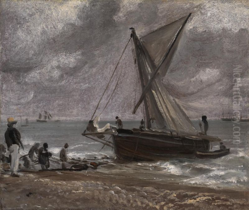 Beaching A Boat, Brighton Oil Painting by John Constable
