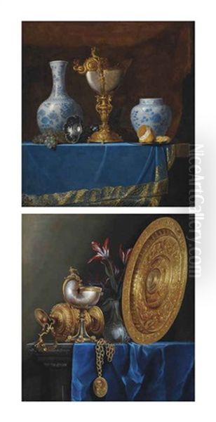 A Nautilus Cup, 17th Century Chinese Porcelain Vases, Grapes, A Pewter Chalice... (+ A Nautilus Cup, A Gilded Ewer, Tulips In A Vase...; Pair) Oil Painting by Meiffren Conte