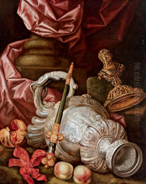 Stillleben Mit Einem Silbernen Prunkgefas, Pfirsichen Und Einem Granatapfel Oil Painting by Meiffren Conte