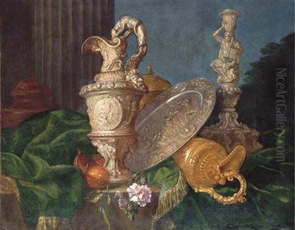 A Pair Of Ornate Silver Ewers, A Silver Basin With The Judgement Of Paris And A Candlestick Incorporating A Seated Hercules On A Draped Table Oil Painting by Meiffren Conte