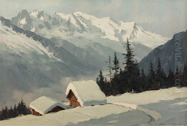 Hiver Au Col De Montets (chamonix) Oil Painting by Charles Henry Contencin