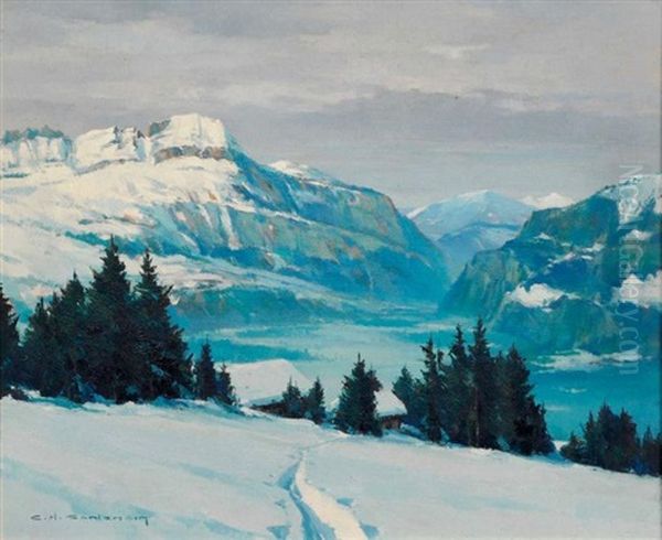 Environs De Saint Gervais, Temps Gris Sur La Vallee D'arve Oil Painting by Charles Henry Contencin