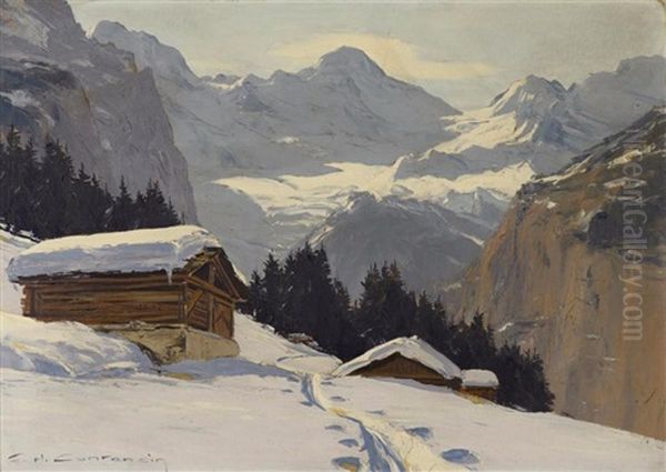 Wengen En Hiver Et Le Breithorn Oil Painting by Charles Henry Contencin