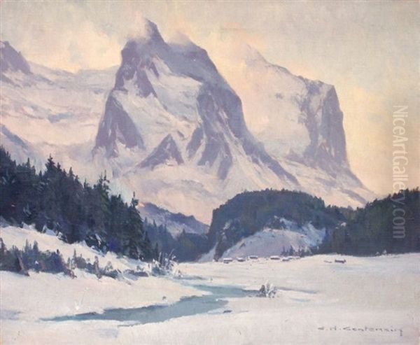 Le Wetterhorn En Hiver Vu De Rosenlaui, Oberland Bernois Oil Painting by Charles Henry Contencin