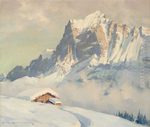 Grindelwald, Le Wetterhorn Oil Painting by Charles Henry Contencin