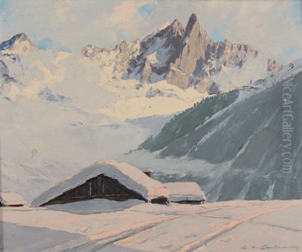 L'aiguille Du Dru, Vallee De Chamonix Oil Painting by Charles Henry Contencin