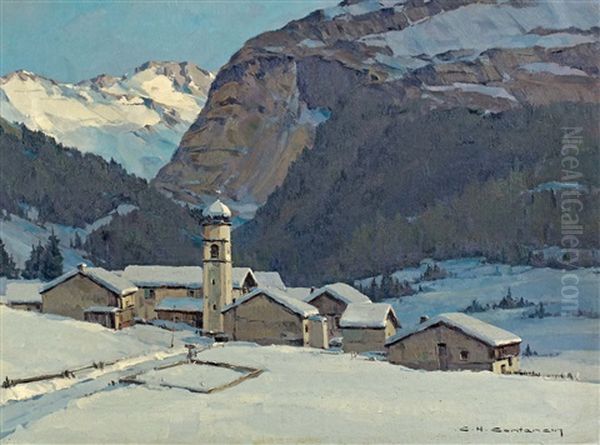 Village De Montagne Oil Painting by Charles Henry Contencin