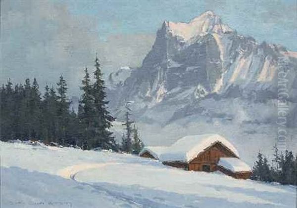 Le Wetterhorn En Hiver Oil Painting by Charles Henry Contencin