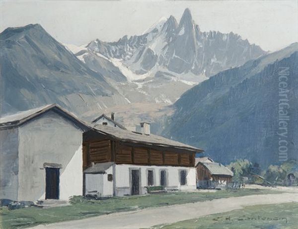 Les Praz De Chamonix Et L'aiguille Du Dru Oil Painting by Charles Henry Contencin