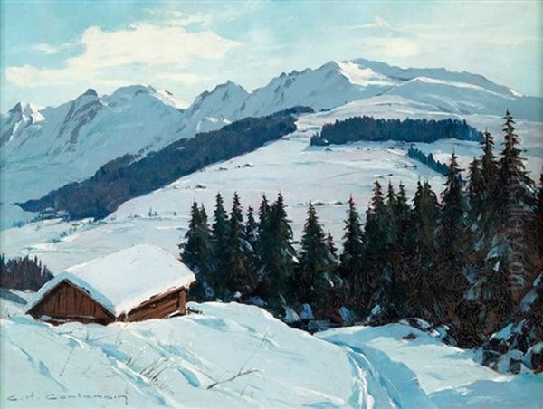 Hiver A La Clusaz Oil Painting by Charles Henry Contencin