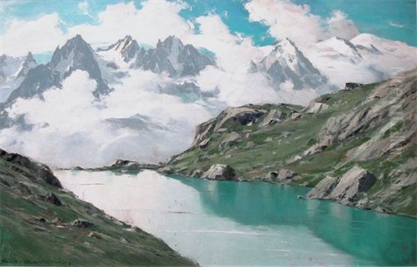 La Chaine Du Mont Blanc Depuis Le Lac Blanc Oil Painting by Charles Henry Contencin