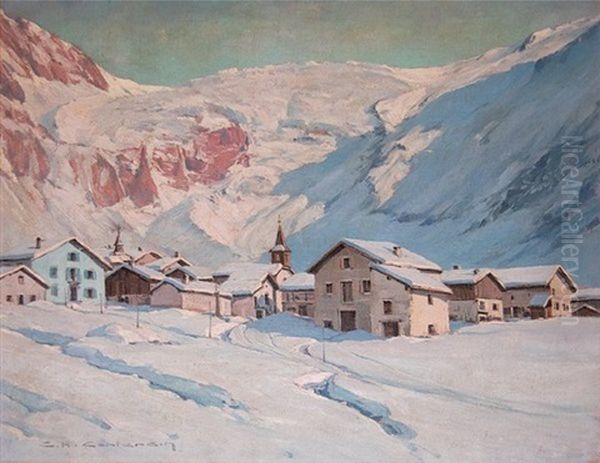 Le Village Et Le Glacier Du Tour (argentieres) Oil Painting by Charles Henry Contencin