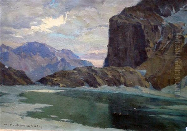 Mauvais Temps Au Lac De L'eychauda Oil Painting by Charles Henry Contencin