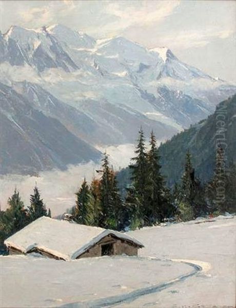 Chalet Des Posettes En Hiver - Massif Du Mont-blanc Oil Painting by Charles Henry Contencin