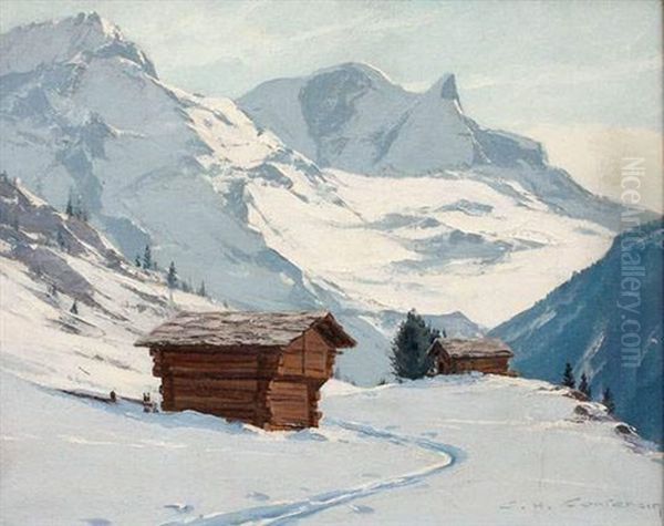 Neige A Zmutt Environs De Zermatt Avec Rimpfishorn Et Strahlhorn Oil Painting by Charles Henry Contencin