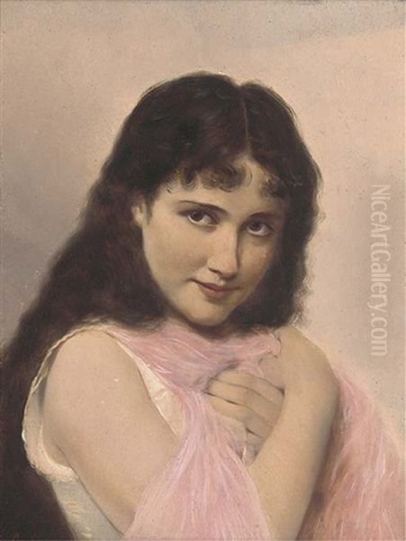 Portrait Of A Young Woman With Long Dark Hair, In Pink And White Oil Painting by Tito Conti