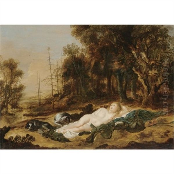 Diana Resting After The Hunt (collab. W/ Aert Van Der Neer) Oil Painting by Peter Coode