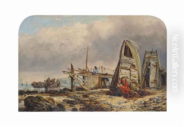 Fisherfolk On A Beach Oil Painting by Edward William Cooke