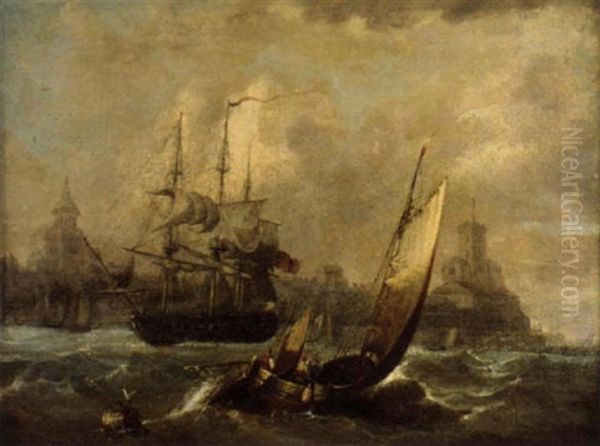 A Royal Naval Fifth Rate Running Into A Channel Port Oil Painting by Edward William Cooke