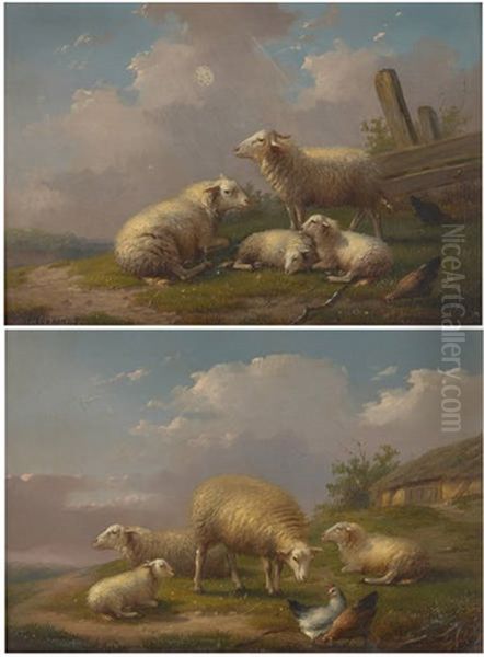 Moutons Dans Un Paysage (+ Another; 2 Works) Oil Painting by Auguste Coomans