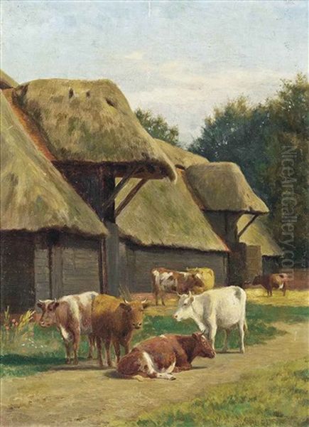 Cattle Grazing Before A Barn Oil Painting by William Sidney Cooper
