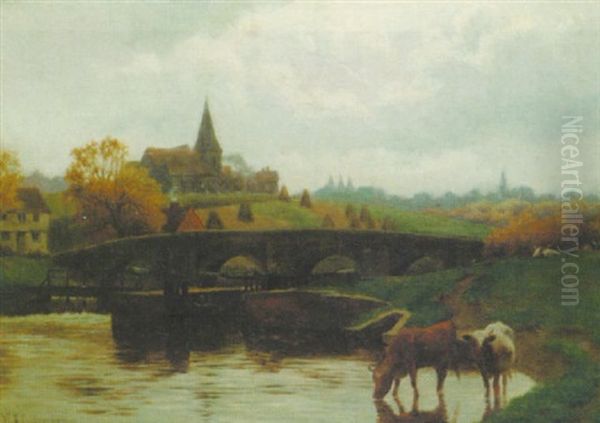 Cattle Watering Near A Lock Oil Painting by William Sidney Cooper