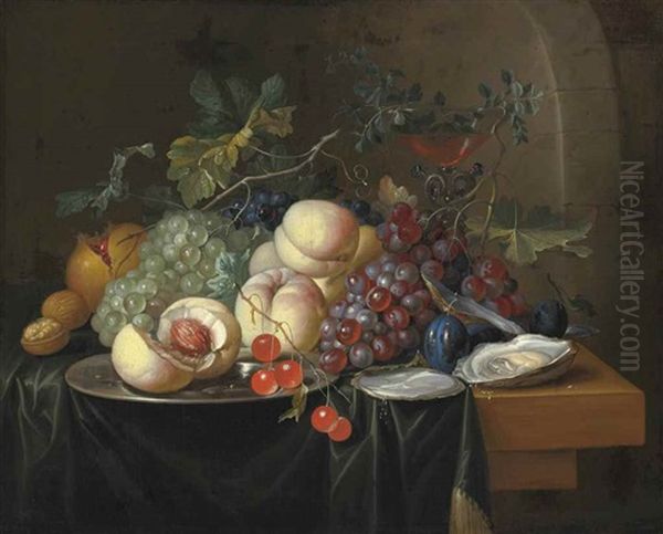 Peaches, Grapes, A Pomegranate And Other Fruit With A Walnut, Oysters And A Facon-de-venise Wine-glass On A Draped Wooden Ledge Oil Painting by Alexander Coosemans