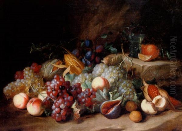 Stilleben Med Druvor, Persikor Och Majs Oil Painting by Alexander Coosemans