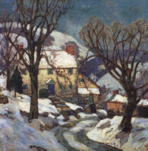 Woman With Pitcher By Yellow House In Snow Oil Painting by Fern Isabel Coppedge