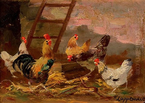 Scenes De Basse Cour (2 Works) Oil Painting by Edmond Van Coppenolle