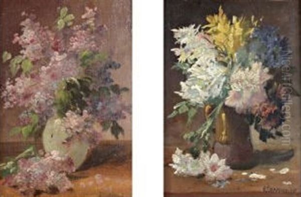 Bouquet De Lilas (+ Bouquet De Marguerites; 2 Works) Oil Painting by Edmond Van Coppenolle