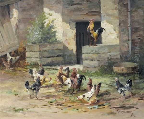 Huhnerhof Vor Scheune Oil Painting by Edmond Van Coppenolle