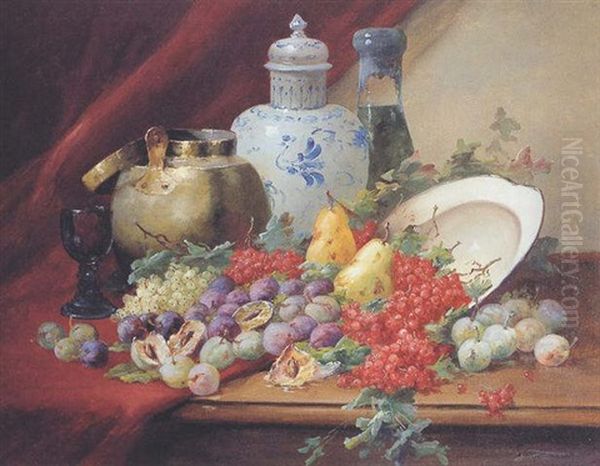 Still Life With Table Of Plums, Red Currants, And Pears Oil Painting by Edmond Van Coppenolle