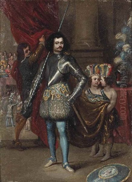 Portrait Of A Gentleman, Full-length, In Ceremonial Armour With Two Young Assistants, A Knightly Tournament Beyond Oil Painting by Gonzales Coques