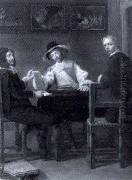 Interieur Mit Drei Mannen An Einem Tisch Oil Painting by Gonzales Coques