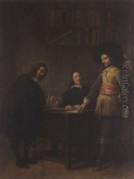 Interior With Three Men Conversing At A Table Oil Painting by Gonzales Coques