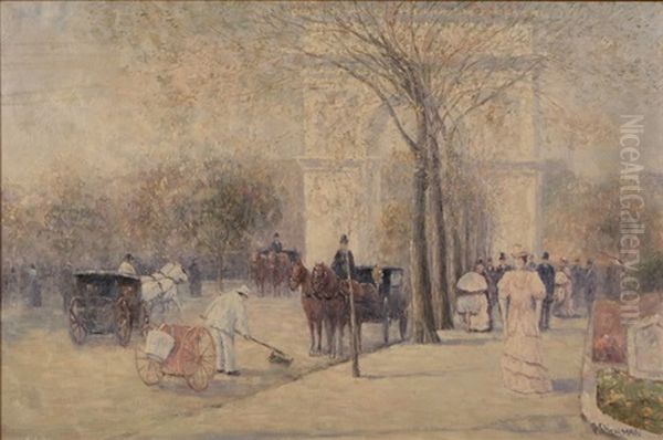 Figures And Horse-drawn Carriages In Washington Square Park Oil Painting by Gail Sherman Corbett